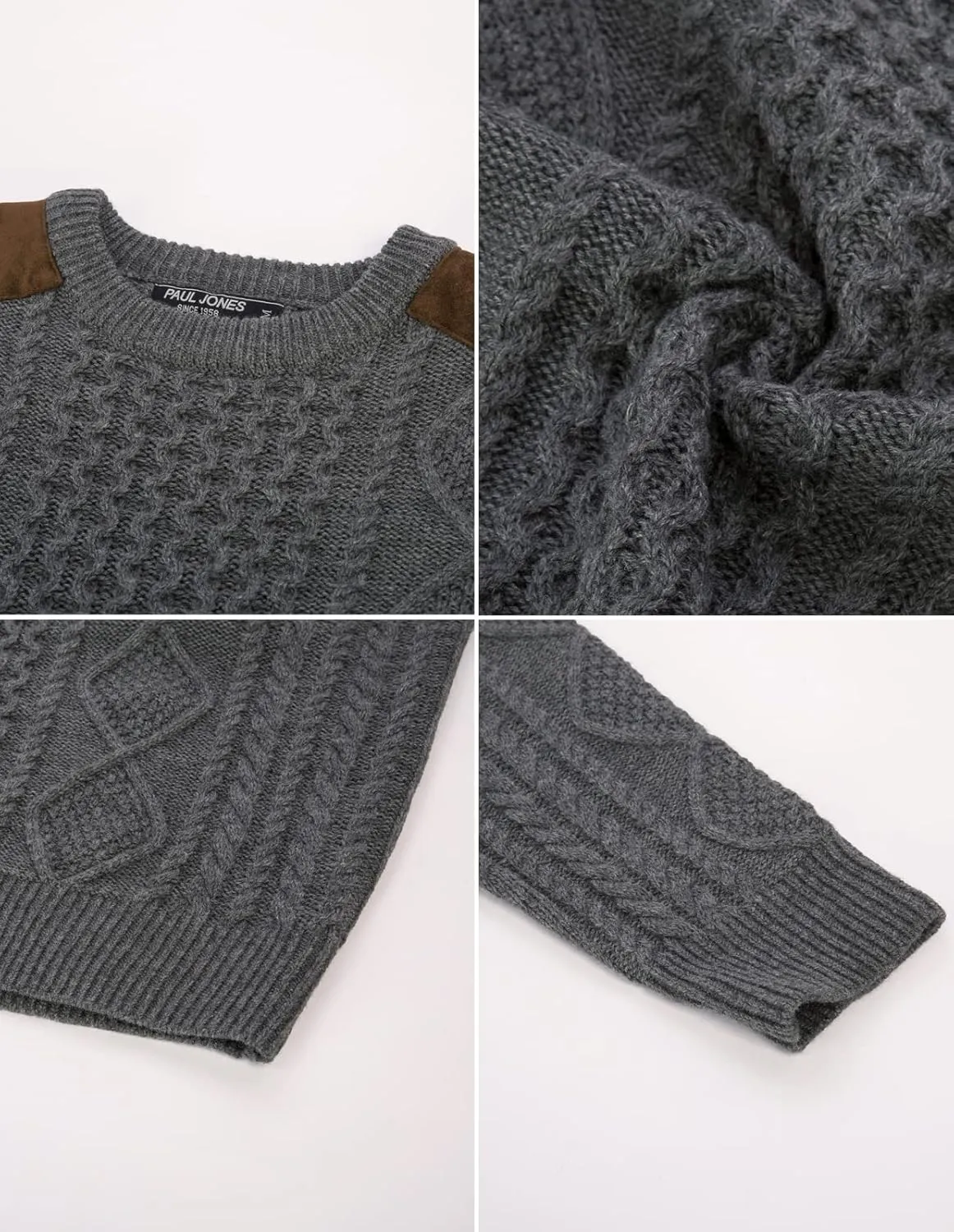 PJ PAUL JONES Men's Military Pullover Sweater Crewneck Vintage Cable Knit Sweater with Suede Patchwork
