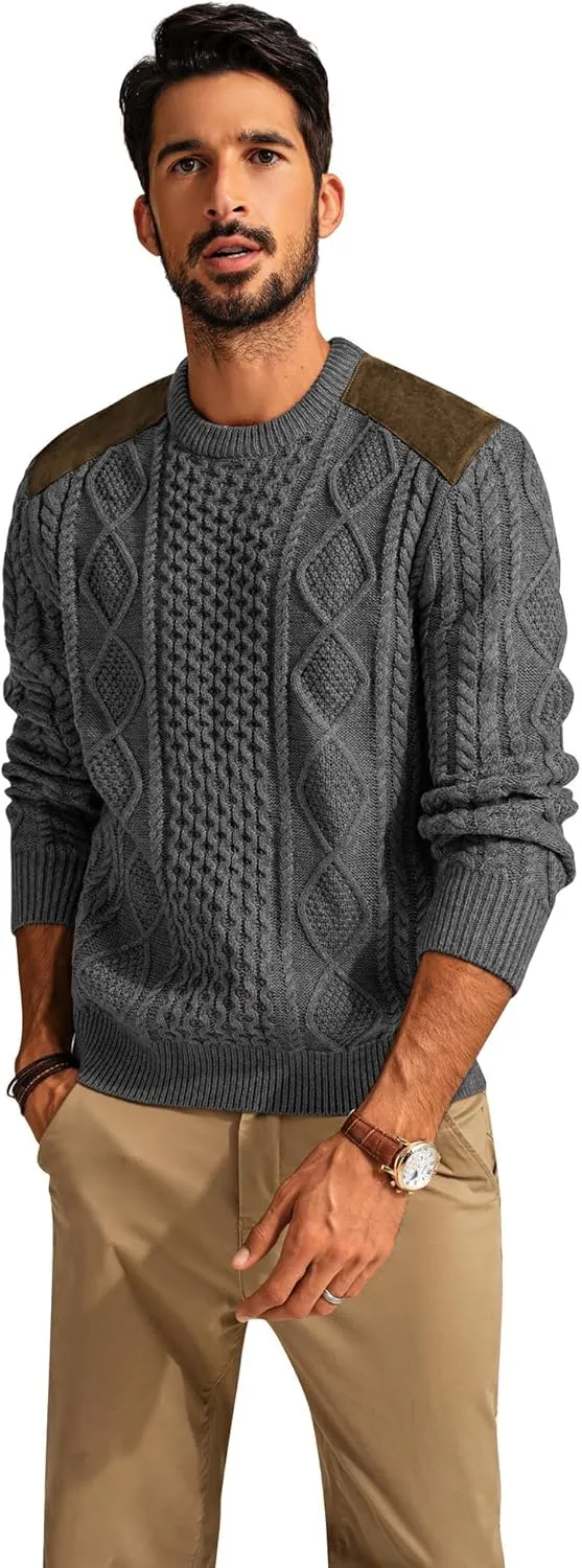 PJ PAUL JONES Men's Military Pullover Sweater Crewneck Vintage Cable Knit Sweater with Suede Patchwork