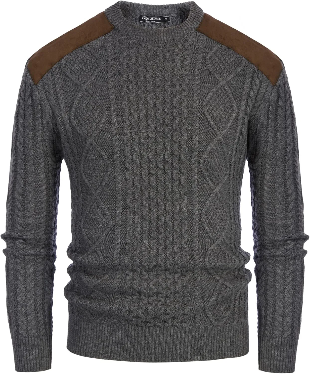 PJ PAUL JONES Men's Military Pullover Sweater Crewneck Vintage Cable Knit Sweater with Suede Patchwork