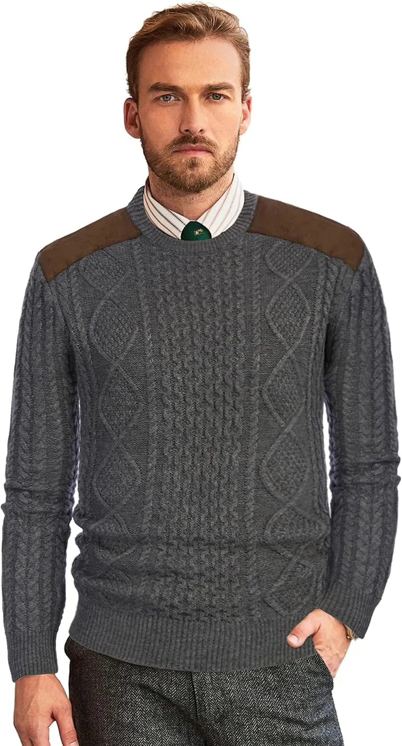 PJ PAUL JONES Men's Military Pullover Sweater Crewneck Vintage Cable Knit Sweater with Suede Patchwork
