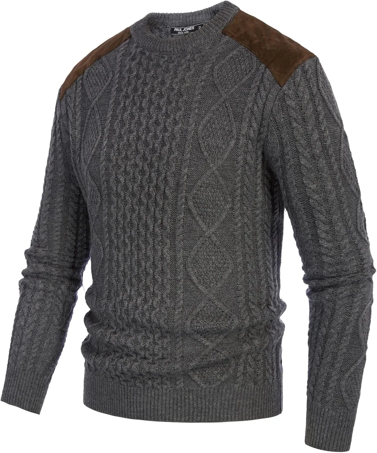 PJ PAUL JONES Men's Military Pullover Sweater Crewneck Vintage Cable Knit Sweater with Suede Patchwork