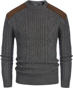 PJ PAUL JONES Men's Military Pullover Sweater Crewneck Vintage Cable Knit Sweater with Suede Patchwork