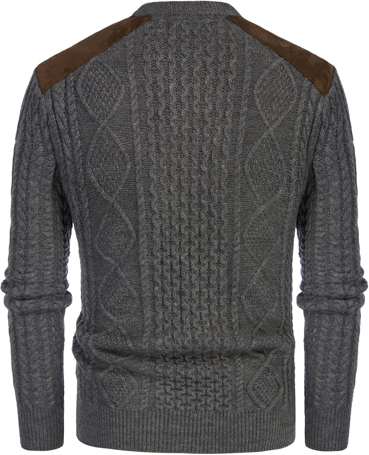 PJ PAUL JONES Men's Military Pullover Sweater Crewneck Vintage Cable Knit Sweater with Suede Patchwork