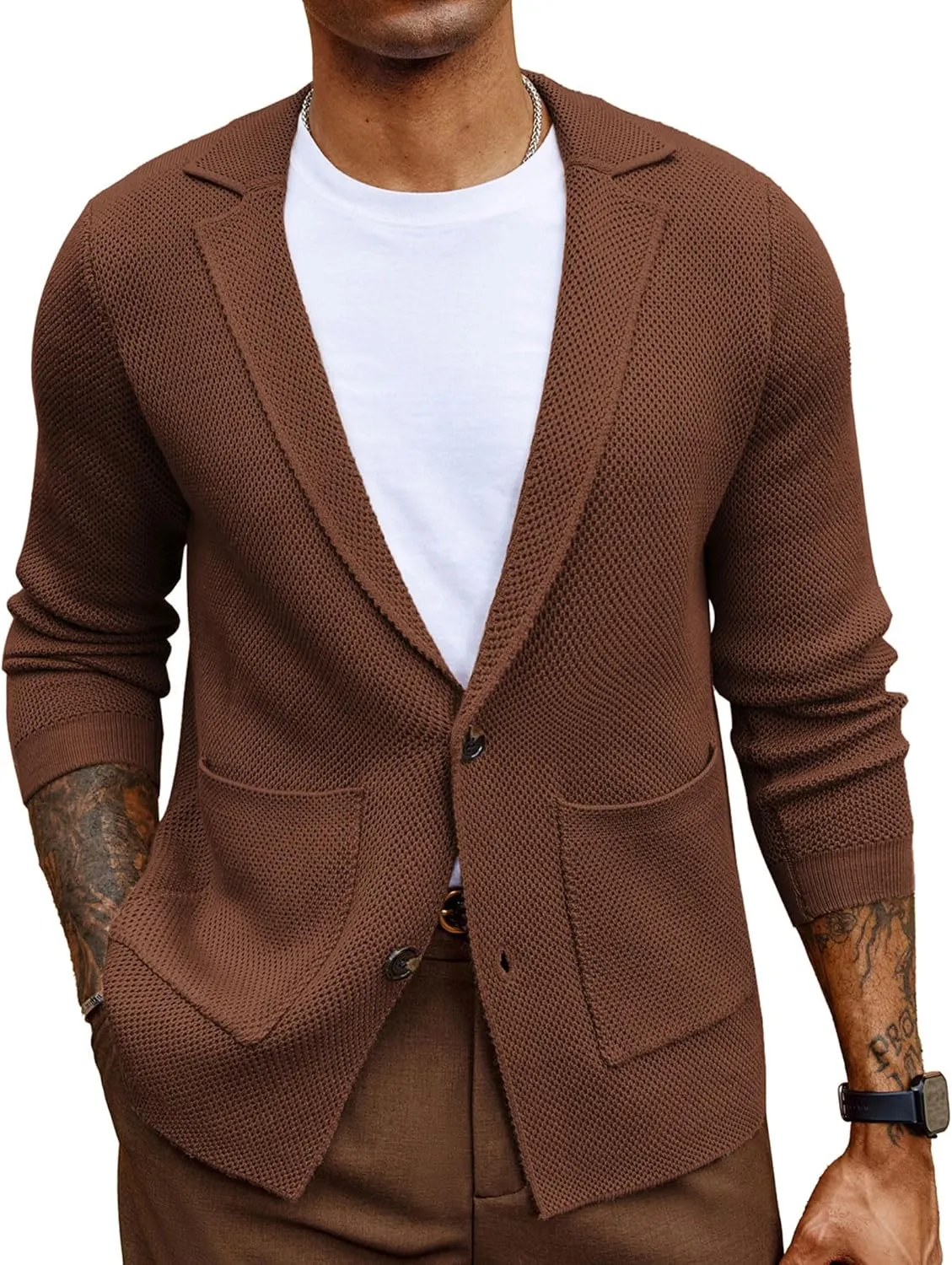 PJ PAUL JONES Mens Notch Collar Cardigan Sweaters Knit Textured Sweater Button Down Blazer with Pockets