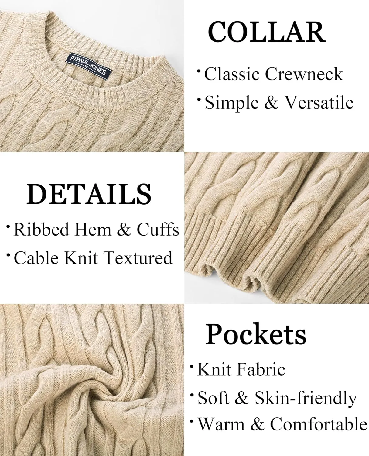 PJ PAUL JONES Mens Sweater Crewneck Cable Knit Pullover Sweater Casual Twist Textured Sweaters