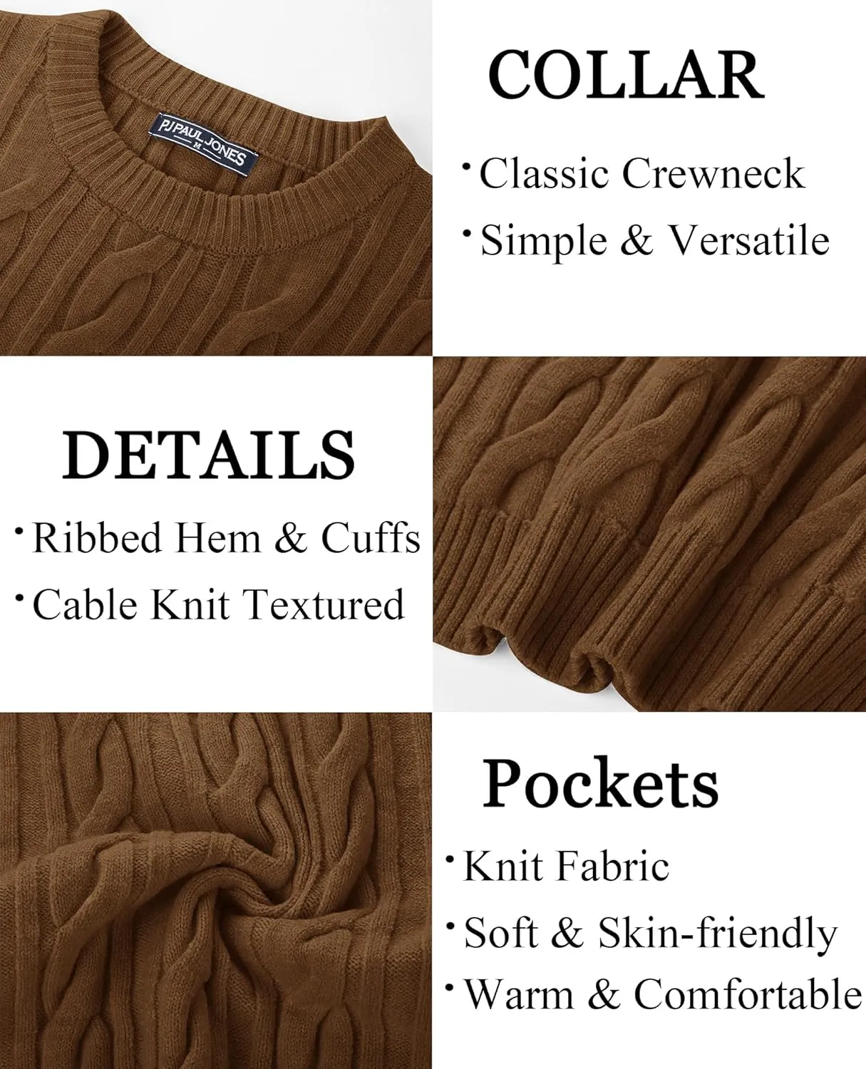 PJ PAUL JONES Mens Sweater Crewneck Cable Knit Pullover Sweater Casual Twist Textured Sweaters