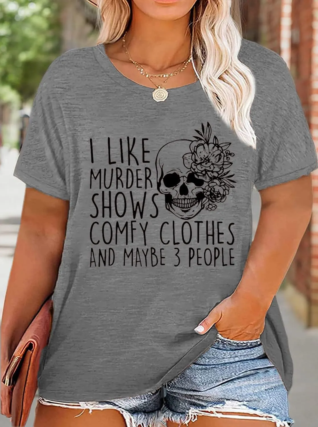 Plus Size I Like Murder Shows T-Shirt Women Novelty Halloween Horror Shirt Skull Casual Graphic Tees Tops