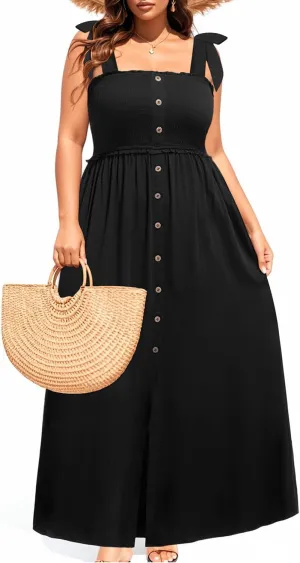 Plus Size Summer Dress - Sun Casual Beach Boho Floral Button Down Long Maxi Sundress