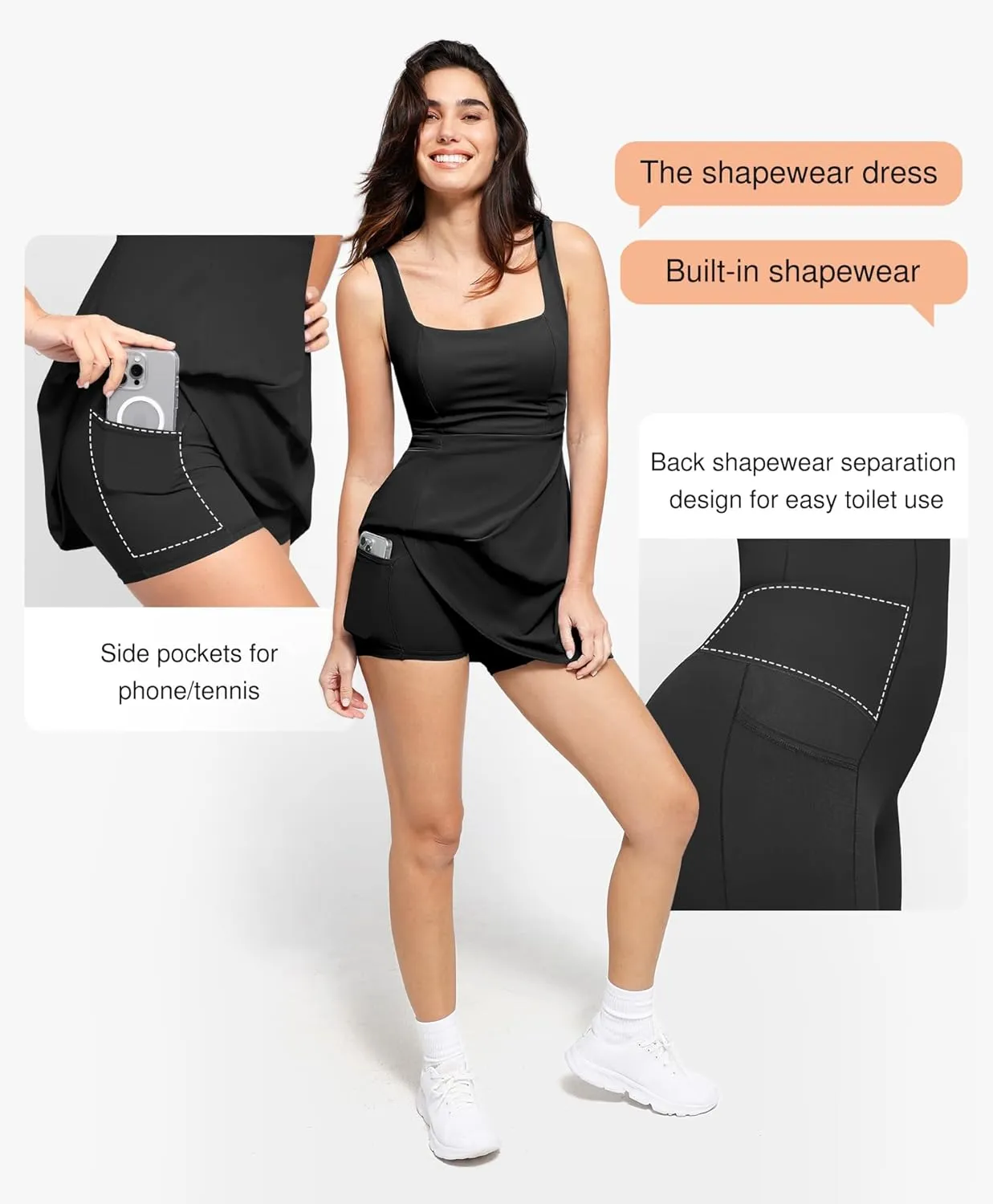 Popilush Shapewear Tennis Dress Athletic Dress for Women Summer Mini Dress with Slit Square Neck Golf Dress Romper