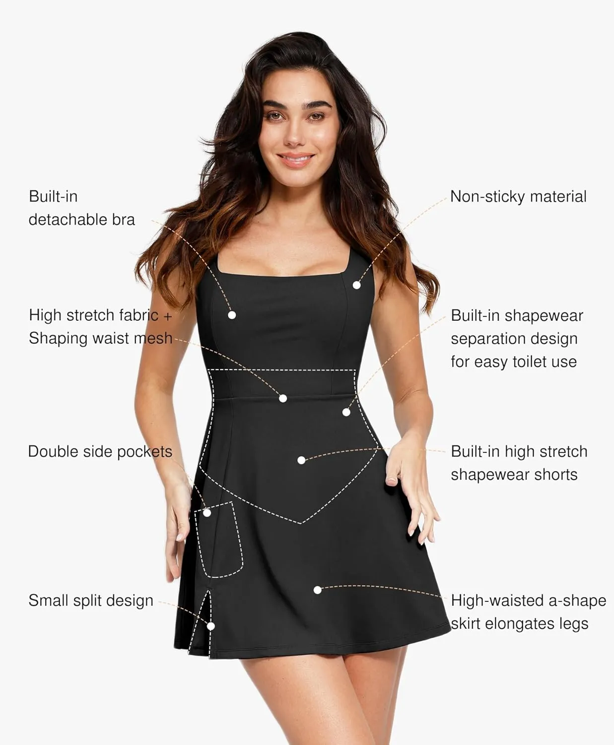 Popilush Shapewear Tennis Dress Athletic Dress for Women Summer Mini Dress with Slit Square Neck Golf Dress Romper