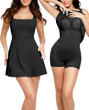 Popilush Shapewear Tennis Dress Athletic Dress for Women Summer Mini Dress with Slit Square Neck Golf Dress Romper