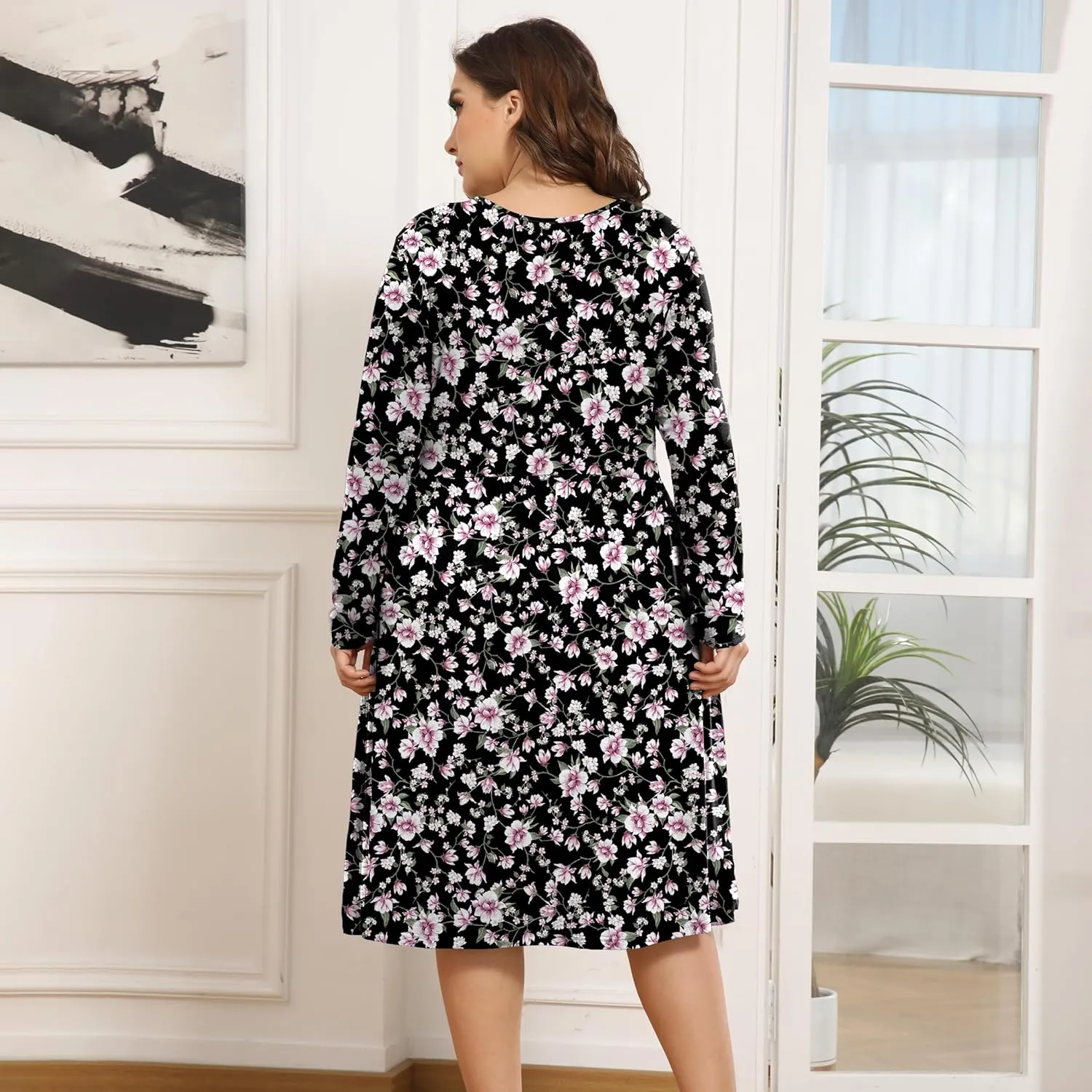 POSESHE Women's Plus Size Dresses 2024 Long Sleeves Crew Neck Casual Dresses Empire Waist Loose Flowy Dress with Pockets