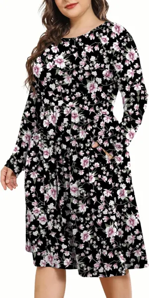 POSESHE Women's Plus Size Dresses 2024 Long Sleeves Crew Neck Casual Dresses Empire Waist Loose Flowy Dress with Pockets