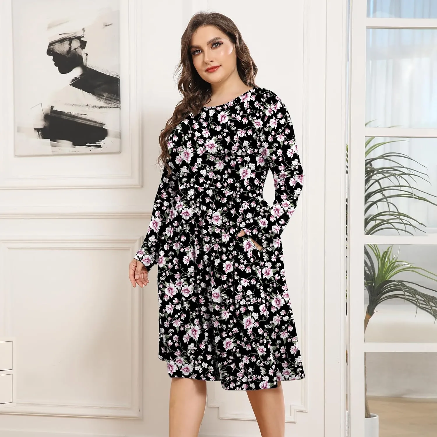 POSESHE Women's Plus Size Dresses 2024 Long Sleeves Crew Neck Casual Dresses Empire Waist Loose Flowy Dress with Pockets