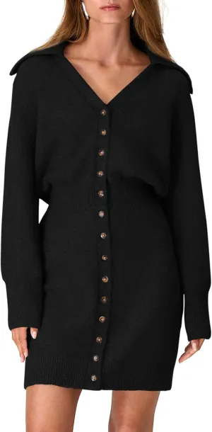 PRETTYGARDEN Sweater Dresses for Women 2025 Trendy Long Sleeve Button Down Short Spring Dress