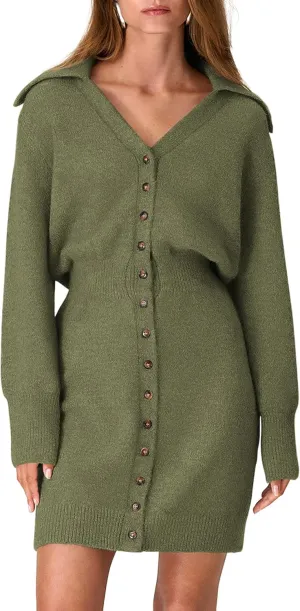 PRETTYGARDEN Sweater Dresses for Women 2025 Trendy Long Sleeve Button Down Short Spring Dress