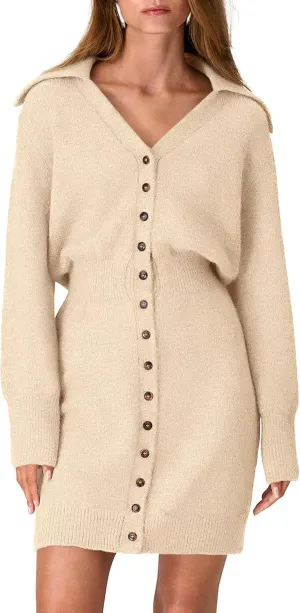 PRETTYGARDEN Sweater Dresses for Women 2025 Trendy Long Sleeve Button Down Short Spring Dress