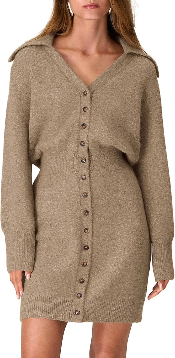 PRETTYGARDEN Sweater Dresses for Women 2025 Trendy Long Sleeve Button Down Short Spring Dress