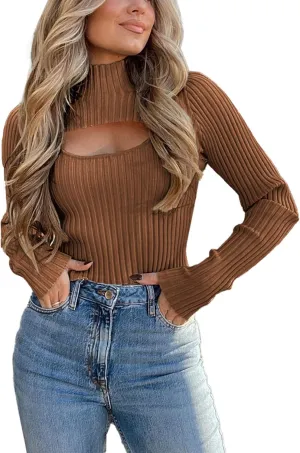 PRETTYGARDEN Women's 2025 Fashion Fall Clothes 2 Piece Cutout Tops Long Sleeve Mock Neck Rib Knit Winter Pullover Sweater