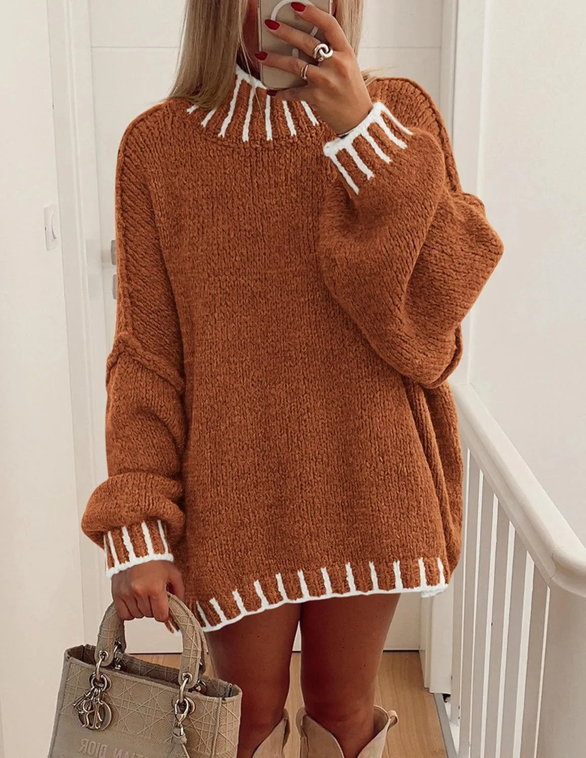 PRETTYGARDEN Women's Winter Oversized Pullover Sweaters Long Sleeve Mock Neck Chunky Knit Slouchy Jumper Tops