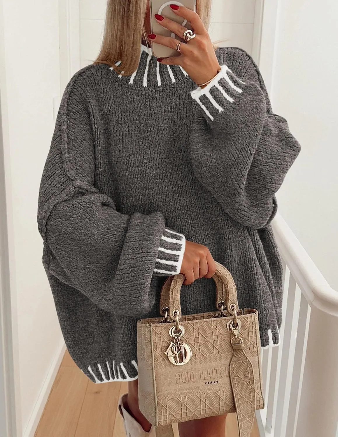 PRETTYGARDEN Women's Winter Oversized Pullover Sweaters Long Sleeve Mock Neck Chunky Knit Slouchy Jumper Tops