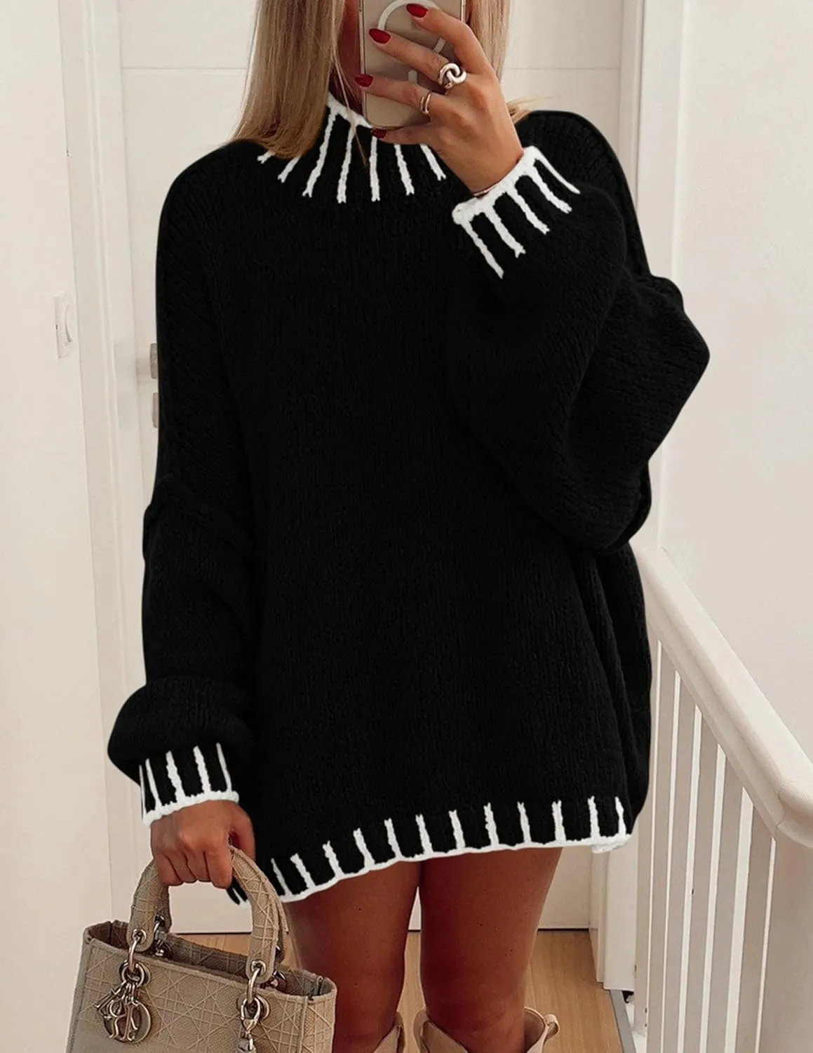 PRETTYGARDEN Women's Winter Oversized Pullover Sweaters Long Sleeve Mock Neck Chunky Knit Slouchy Jumper Tops