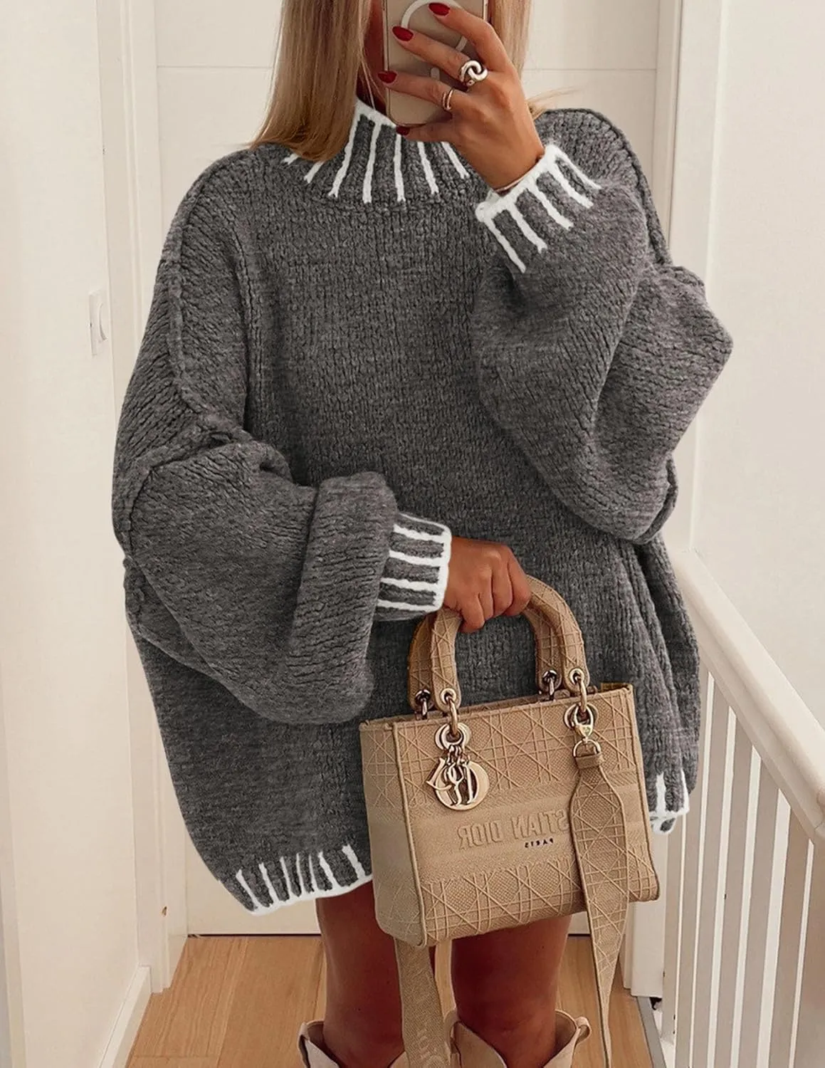PRETTYGARDEN Women's Winter Oversized Pullover Sweaters Long Sleeve Mock Neck Chunky Knit Slouchy Jumper Tops