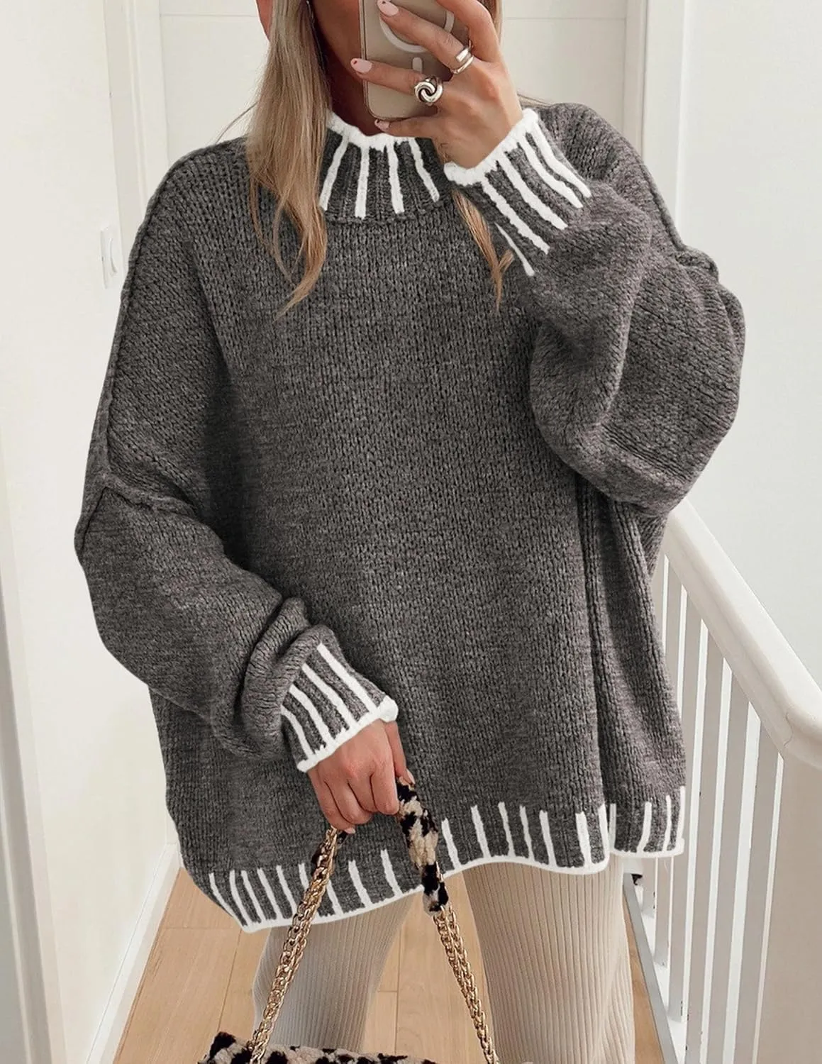 PRETTYGARDEN Women's Winter Oversized Pullover Sweaters Long Sleeve Mock Neck Chunky Knit Slouchy Jumper Tops