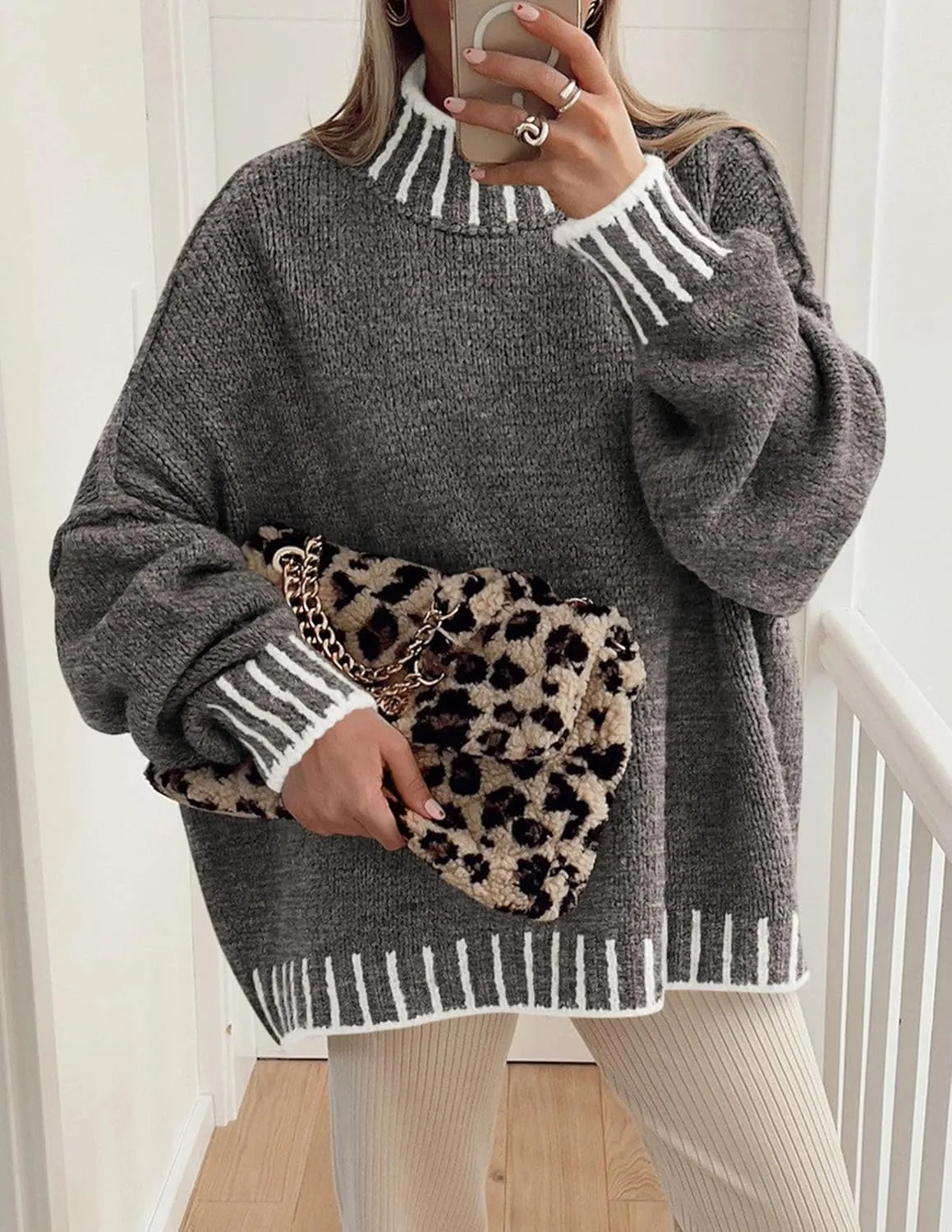 PRETTYGARDEN Women's Winter Oversized Pullover Sweaters Long Sleeve Mock Neck Chunky Knit Slouchy Jumper Tops