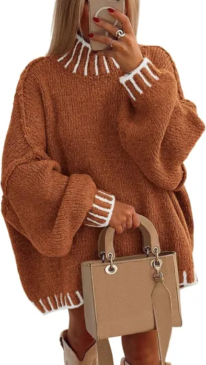 PRETTYGARDEN Women's Winter Oversized Pullover Sweaters Long Sleeve Mock Neck Chunky Knit Slouchy Jumper Tops