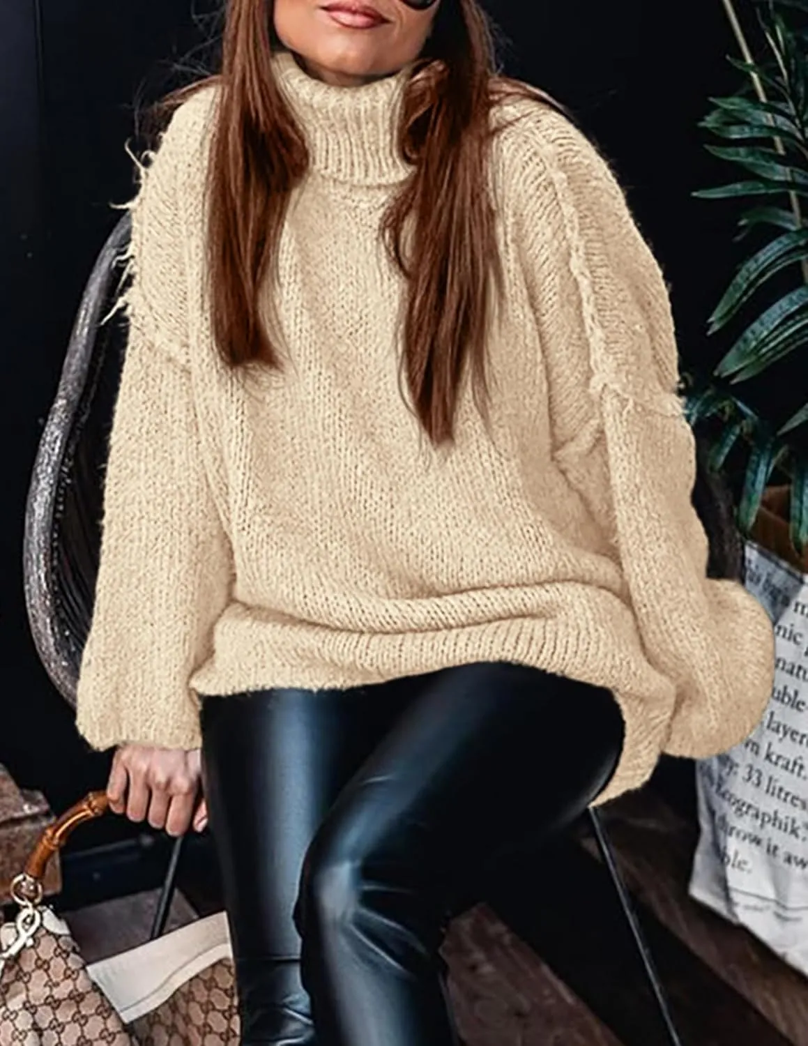 PRETTYGARDEN Women's Winter Turtleneck Oversized Sweaters Long Sleeve Chunky Knit Slouchy Pullover Sweater Tops