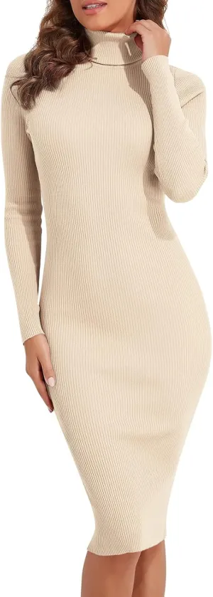 PrettyGuide Women's Turtleneck Sweater Dress Long Sleeve Ribbed Knit Stretch Midi Bodycon Dresses