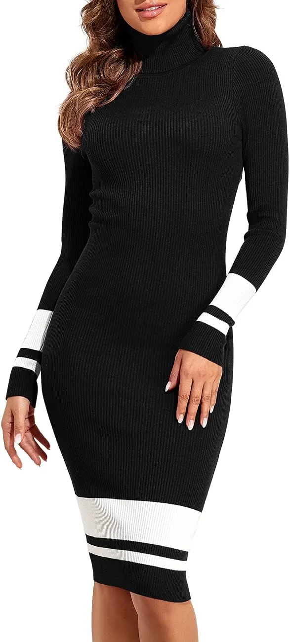 PrettyGuide Women's Turtleneck Sweater Dress Long Sleeve Ribbed Knit Stretch Midi Bodycon Dresses