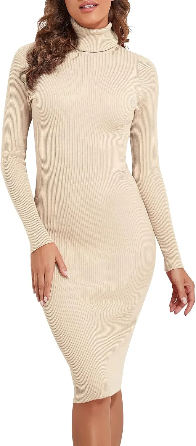 PrettyGuide Women's Turtleneck Sweater Dress Long Sleeve Ribbed Knit Stretch Midi Bodycon Dresses