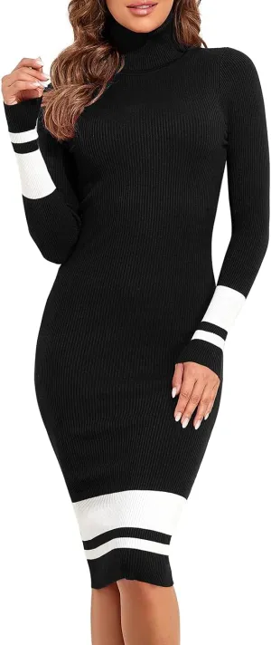 PrettyGuide Women's Turtleneck Sweater Dress Long Sleeve Ribbed Knit Stretch Midi Bodycon Dresses