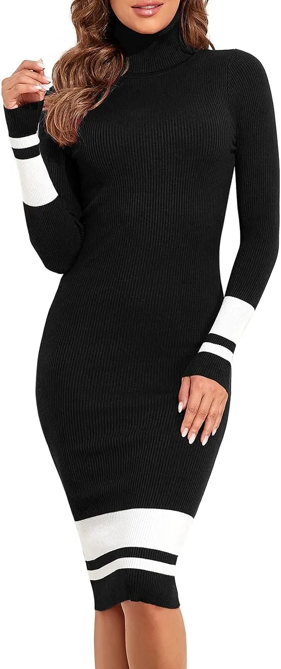 PrettyGuide Women's Turtleneck Sweater Dress Long Sleeve Ribbed Knit Stretch Midi Bodycon Dresses