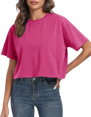 PRIMODA Women's Oversized Workout Cropped T Shirts Crew Neck Short Sleeve Casual Loose Summer Crop Tee Tops Cotton