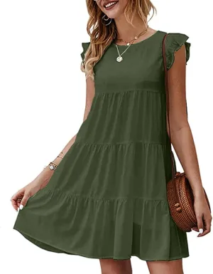 Prom Dress, Women's Casual Summer Mini Dress Puffy Short Sleeve Square Neck Smocked Tiered Ruffle Dresses