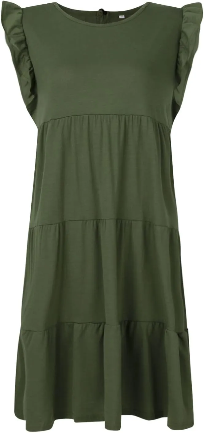 Prom Dress, Women's Casual Summer Mini Dress Puffy Short Sleeve Square Neck Smocked Tiered Ruffle Dresses