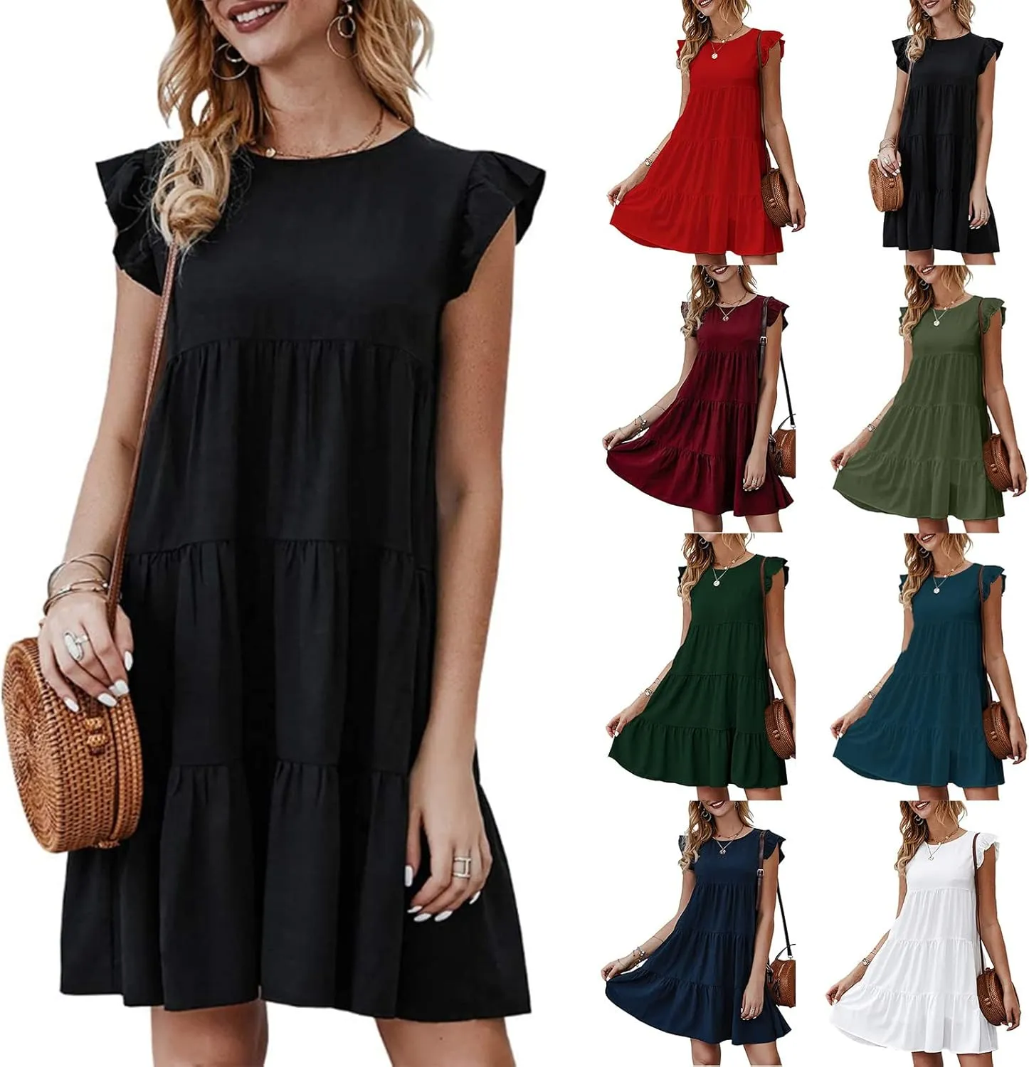 Prom Dress, Women's Casual Summer Mini Dress Puffy Short Sleeve Square Neck Smocked Tiered Ruffle Dresses