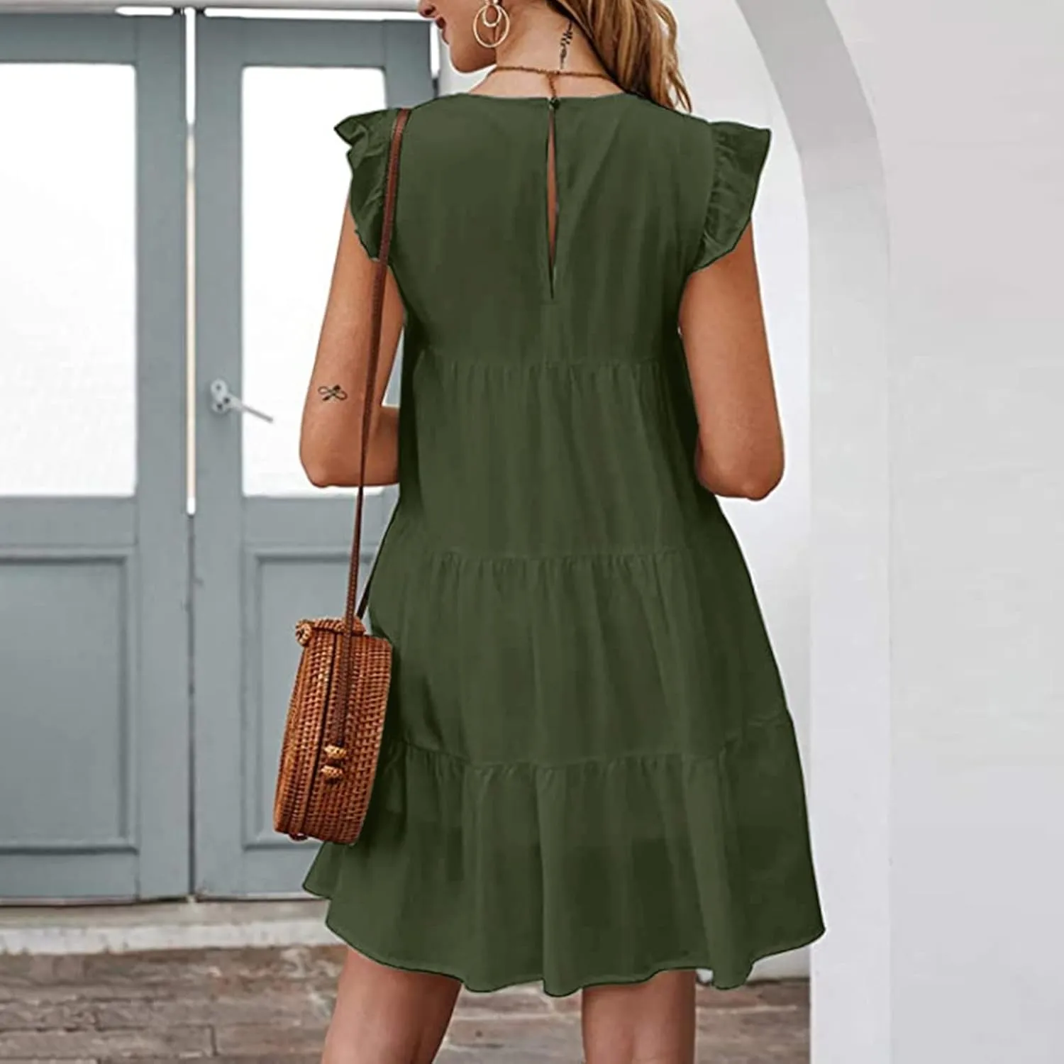 Prom Dress, Women's Casual Summer Mini Dress Puffy Short Sleeve Square Neck Smocked Tiered Ruffle Dresses