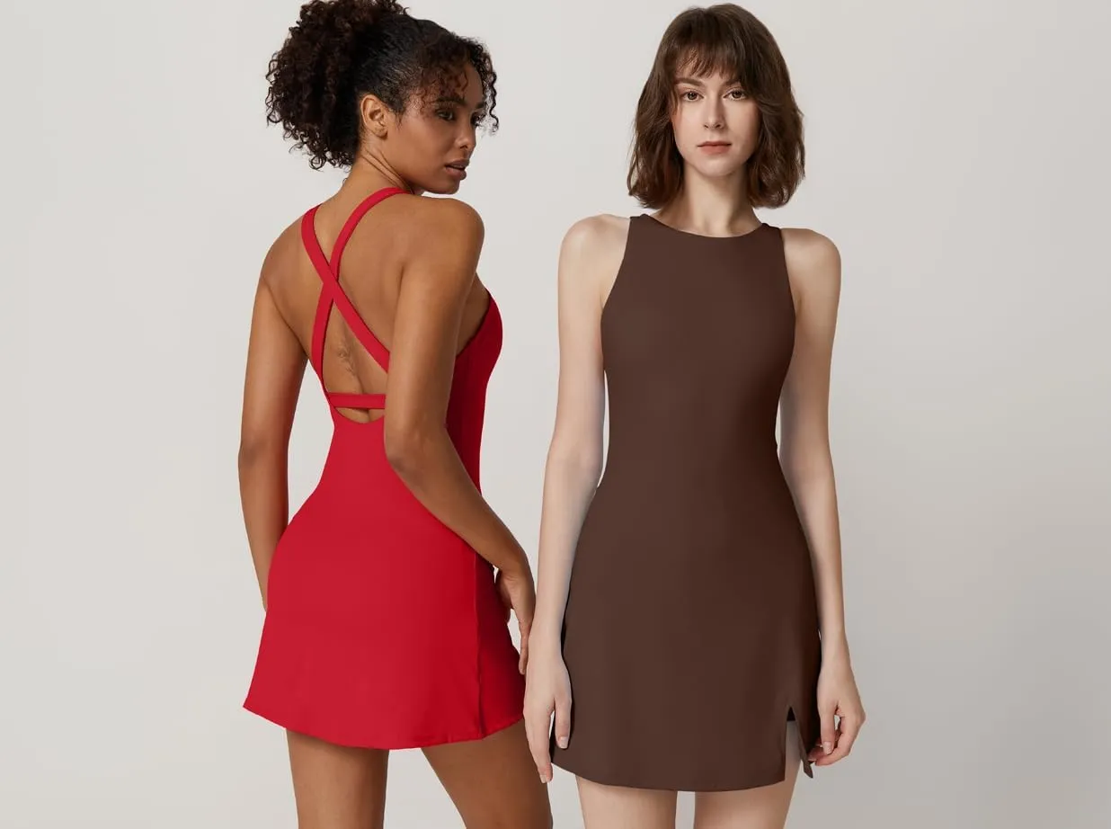 QINSEN Womens Crewneck Criss Cross Open Back Tennis Dress Sleeveless Built in Shorts Golf Athletic Dresses with Pockets
