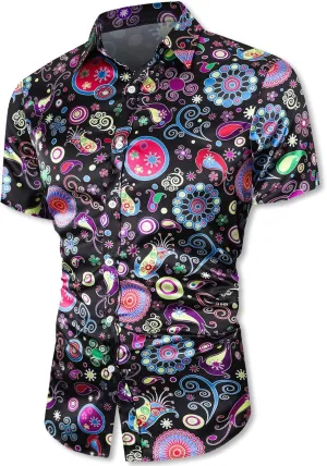 QZH.DUAO Mens 70s Disco Party Shirts Casual Paisley Button Down Shirt Vintage Floral Hawaiian Beach Short Sleeve Shirt