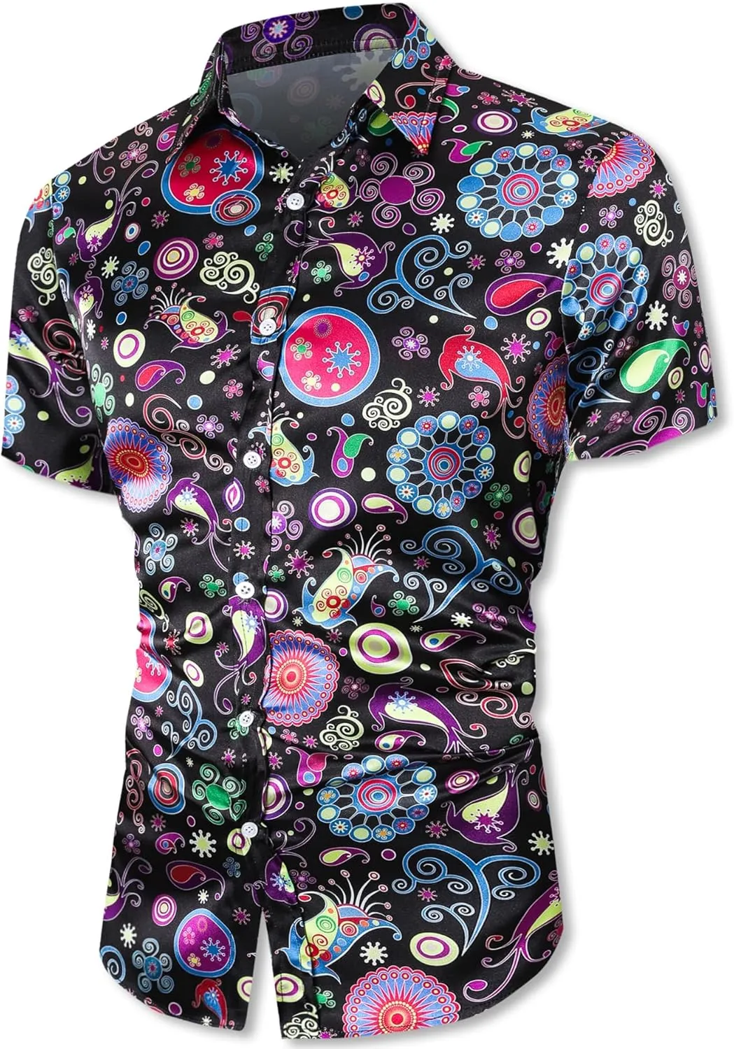 QZH.DUAO Mens 70s Disco Party Shirts Casual Paisley Button Down Shirt Vintage Floral Hawaiian Beach Short Sleeve Shirt