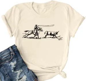 Retro Rodeo Shirt Women Cowgirl Bleached T Shirt Western Cowboy Rodeo Outfit Country Music Tee Short Sleeve Top
