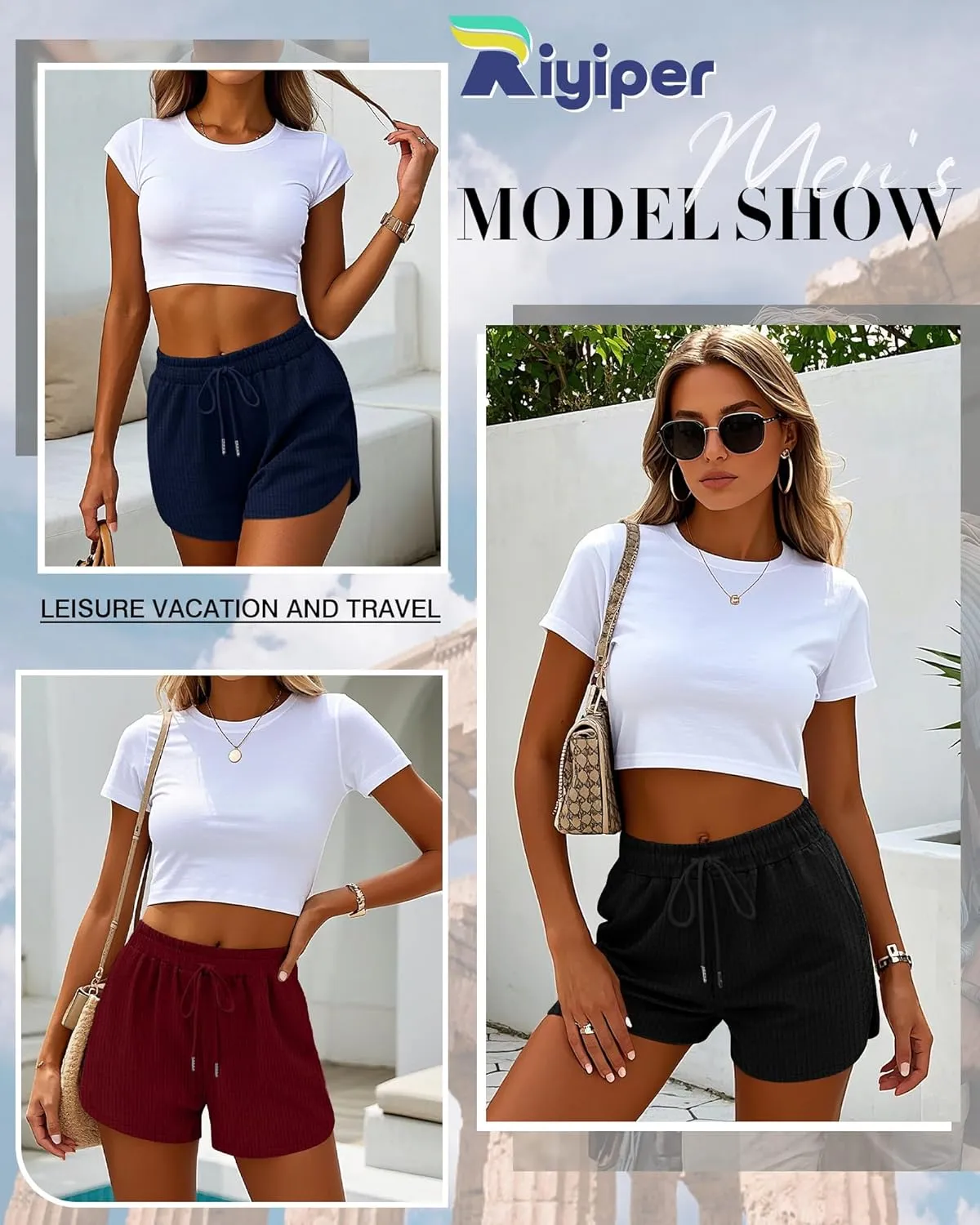 Riyiper 3 Pack Women's Waffle Knit Shorts Cotton Drawstring Lounge Summer Comfy Casual Shorts with Pockets