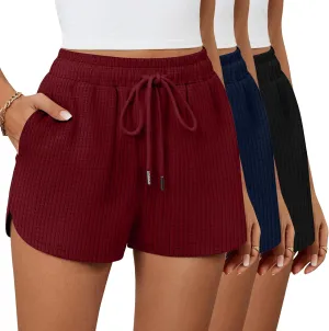 Riyiper 3 Pack Women's Waffle Knit Shorts Cotton Drawstring Lounge Summer Comfy Casual Shorts with Pockets