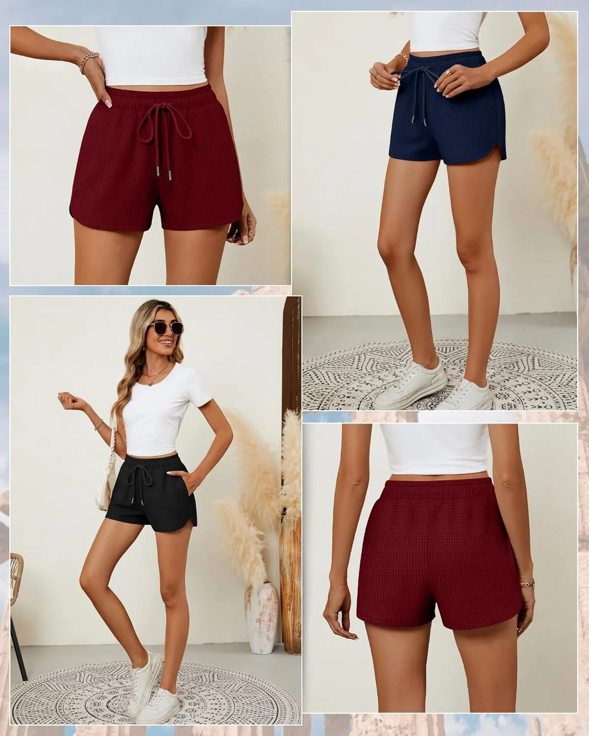 Riyiper 3 Pack Women's Waffle Knit Shorts Cotton Drawstring Lounge Summer Comfy Casual Shorts with Pockets