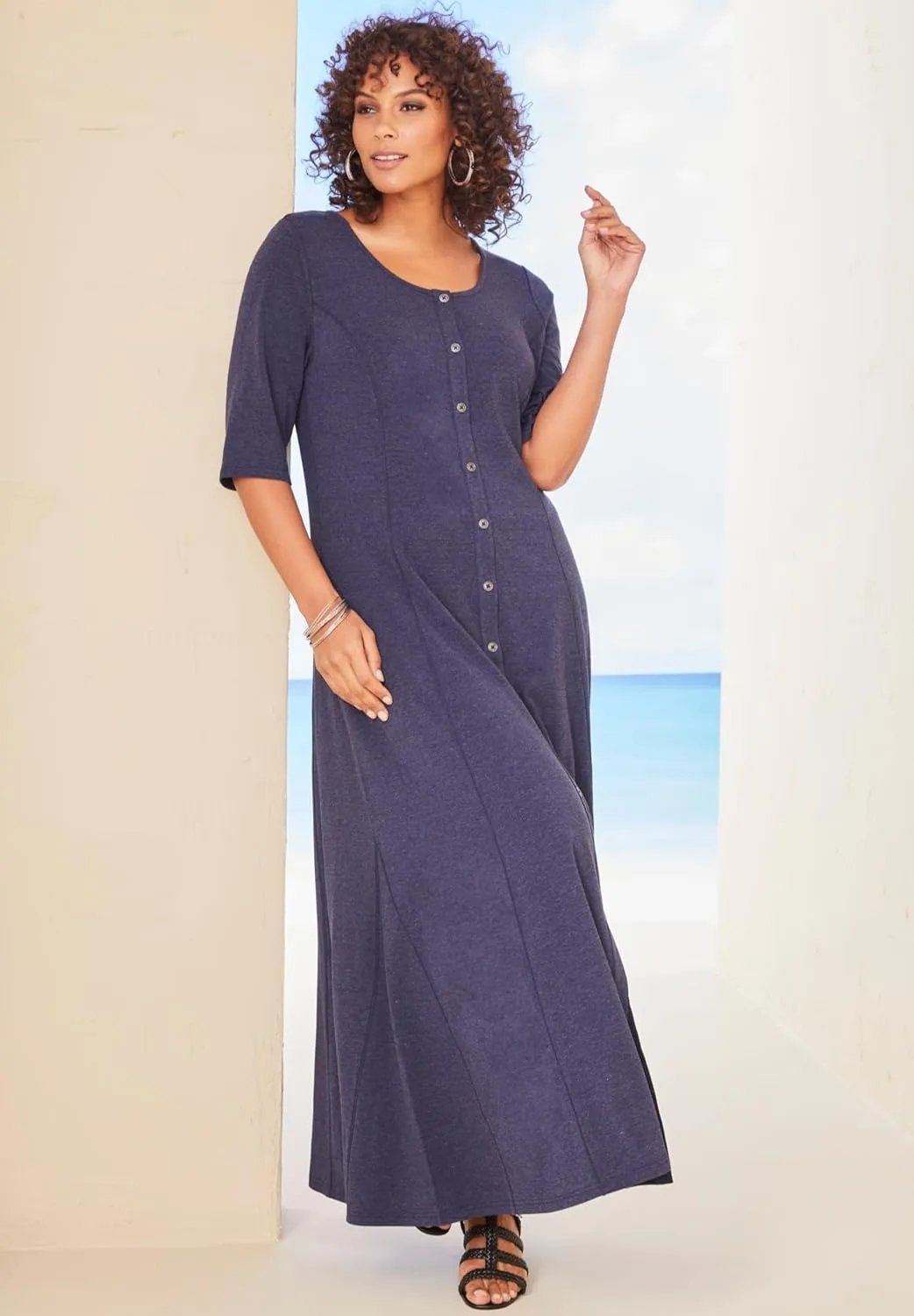 Roaman's Women's Plus Size Button Front Heathered Dress