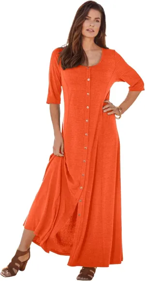 Roaman's Women's Plus Size Button Front Heathered Dress